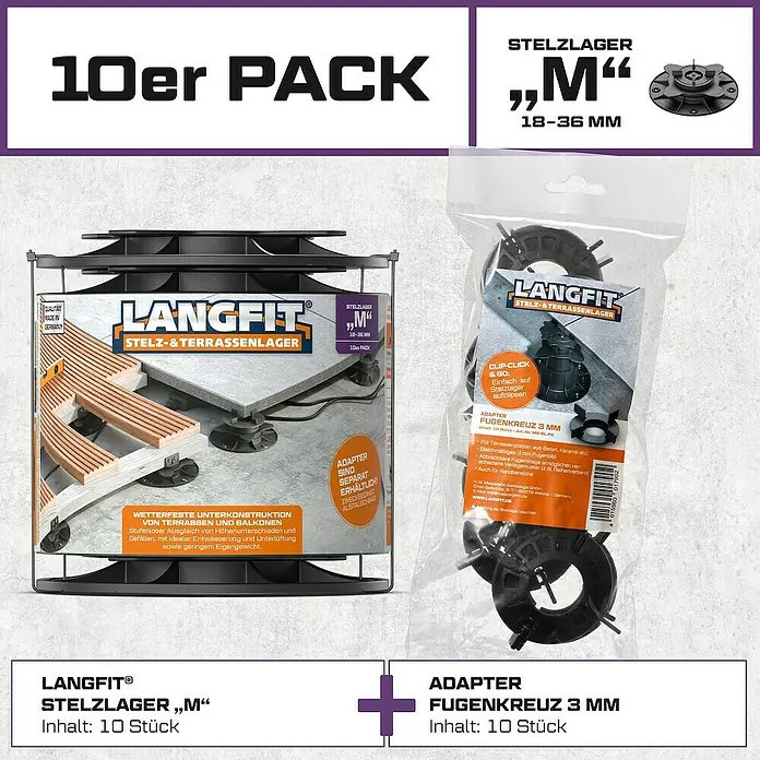 Langfit Stelzlager-Set M - Höhenverstellung: 18 mm - 36 mm, Kunststoff - Produktbild: 10er-Pack Stelzlager "M" 18-36 mm und Adapter Fugenkreuz 3 mm von Langfit für Terrassen und Balkone.