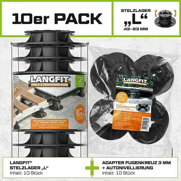 Langfit Stelzlager-Set L - Höhenverstellung: 43 mm - 83 mm, Kunststoff - Produktabbildung von Langfit Stelzlager "L" und Fugenkreuz-Adaptern mit automatischer Nivellierung, 10er Pack.