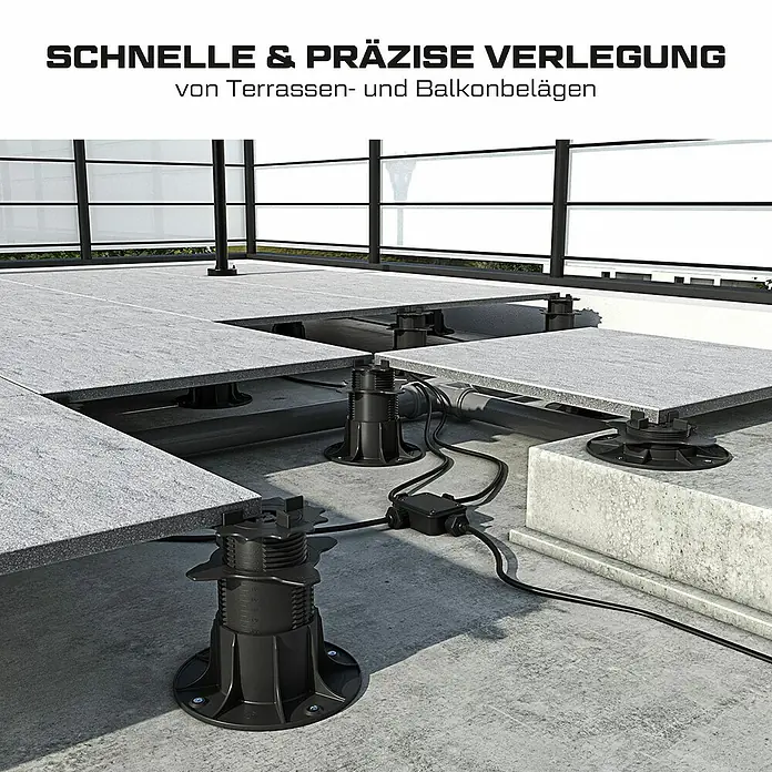 Langfit Stelzlager-Set XL - Höhenverstellung: 75 mm - 195 mm, Kunststoff - Schnelle und präzise Verlegung von Terrassen- und Balkonbelägen mit höhenverstellbaren Stelzlagern für eine einfache Installation.