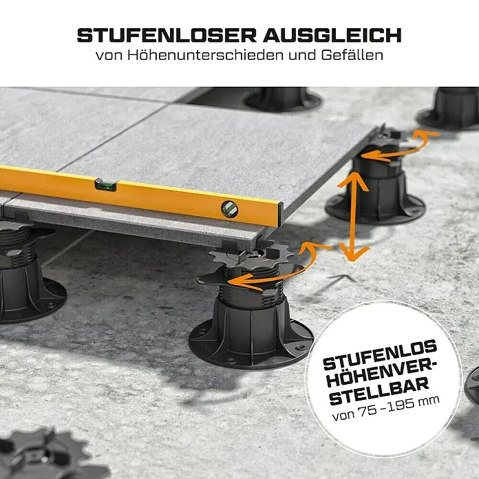 Langfit Stelzlager-Set XL - Höhenverstellung: 75 mm - 195 mm, Kunststoff - Höhenverstellbare Terrassenlager für einen stufenlosen Ausgleich von Höhenunterschieden und Gefällen im Außenbereich.