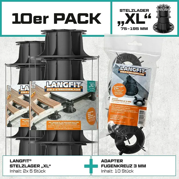 Langfit Stelzlager-Set XL - Höhenverstellung: 75 mm - 195 mm, Kunststoff - Produktabbildung von Langfit Stelzlager XL und Fugenkreuz 3 mm, ideal für Terrassen und Balkone.