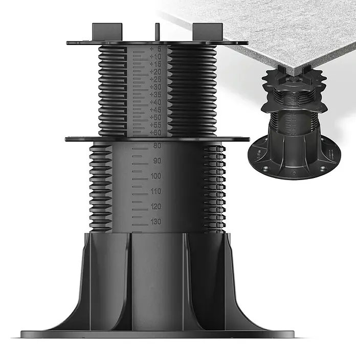 Langfit Stelzlager-Set XL - Höhenverstellung: 75 mm - 195 mm, Kunststoff - Das Bild zeigt einen verstellbaren Terrassenlager, der für die Nivellierung von Terrassenplatten verwendet wird. Das Produkt ist in Schwarz gehalten.