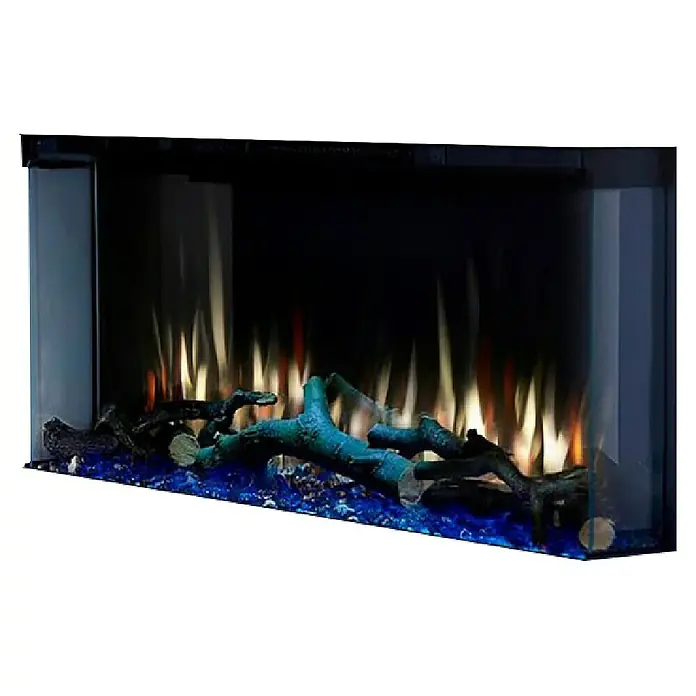 Charlton & Jenrick Chimenea eléctrica 4D i920E Slim - Negro, 1.500 W, 16,7 x 92 x 47,8 cm - Una chimenea eléctrica con piedras decorativas azules y troncos, creando un ambiente cálido y acogedor.