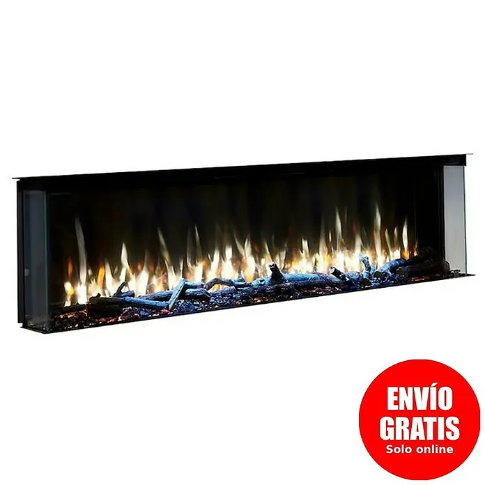 Charlton & Jenrick Chimenea eléctrica i1500E Slim - Negro, 1.500 W, 18,7 x 150 x 50,5 cm - Primer plano de una moderna chimenea eléctrica con llamas y troncos simulados, diseñada para un ambiente acogedor.