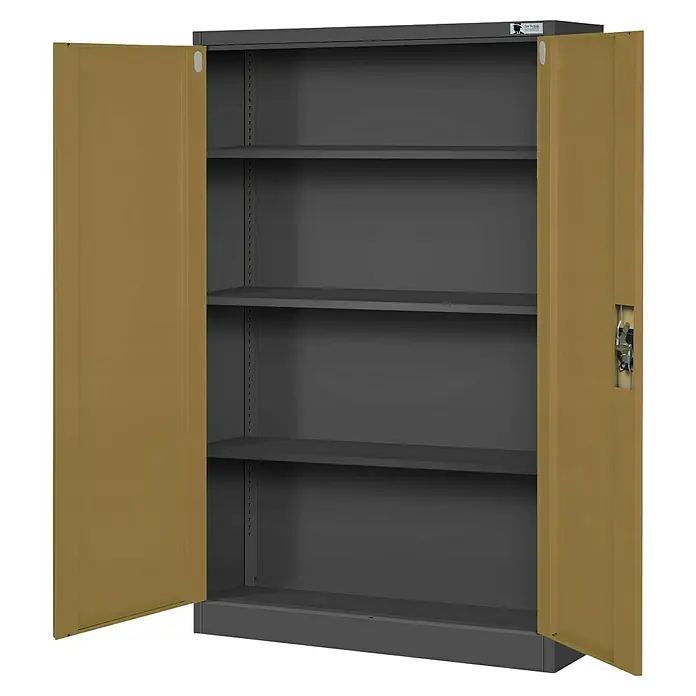 Jan Nowak Aktenschrank Kevin - B x T x H: 90 x 40 x 140 cm, Anthrazit/Nussbaum - Offener Metallschrank mit Fachböden, ideal für Büro oder Werkstatt zur geordneten Aufbewahrung von Dokumenten und Materialien.