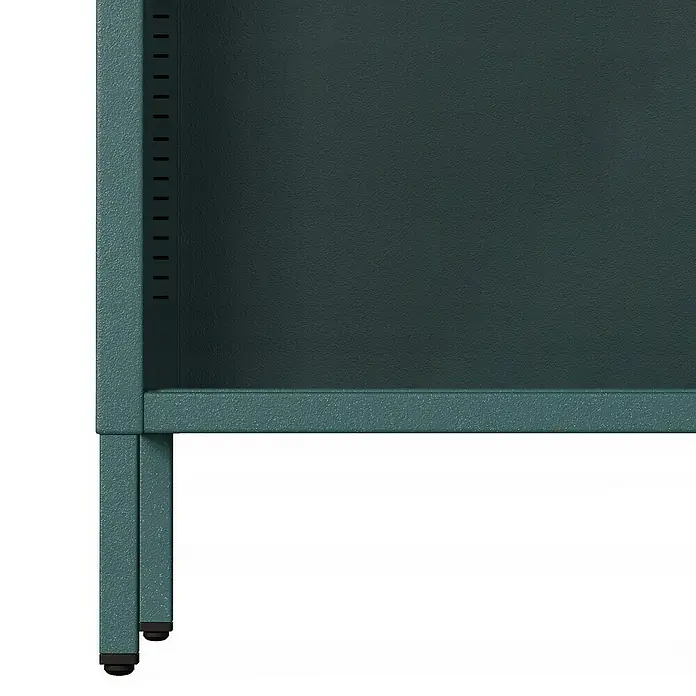 Jan Nowak Bücherregal Luca - B x T x H: 100 x 35 x 90 cm, Meeresgrün - Nahaufnahme eines grünen Metallregals mit stabilen Beinen und Lochreihe zur variablen Fachbodenanpassung.