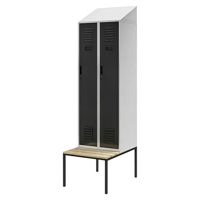 Jan Nowak Spind Kacper II Pro - H x B x T: 229,5 x 60 x 85 cm, Anzahl Türen: 2 Stk. - Doppelter Umkleideschrank in Schwarz und Weiß mit Sitzbank. Praktische Aufbewahrungslösung für Sport oder Büro.