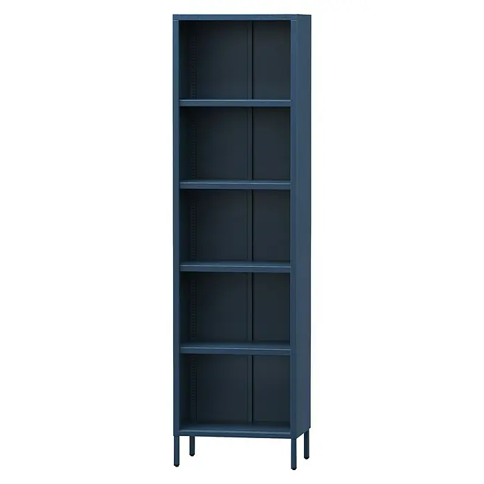 Jan Nowak Bücherregal Mario - B x T x H: 50 x 35 x 180 cm, Dunkelblau - Ein stilvolles, blaues Metallregal mit fünf offenen Fächern, ideal für Büro oder Zuhause, bietet viel Stauraum und Ordnung.