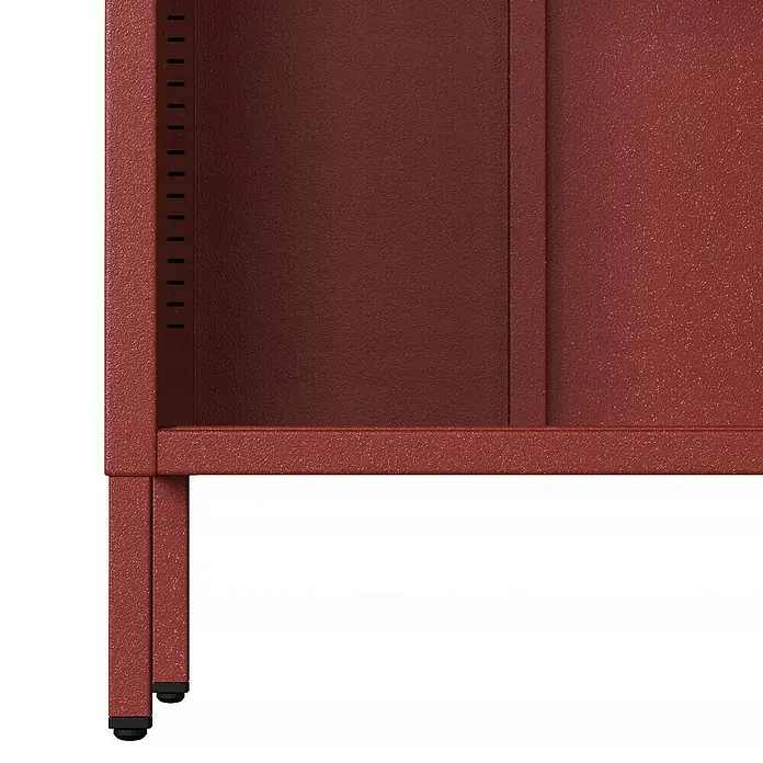 Jan Nowak Bücherregal Mario - B x T x H: 50 x 35 x 180 cm, Rot - Detailansicht eines roten Metallschranks, der Stabilität und Funktionalität vereint. Ideal für Büro oder Werkstatt.