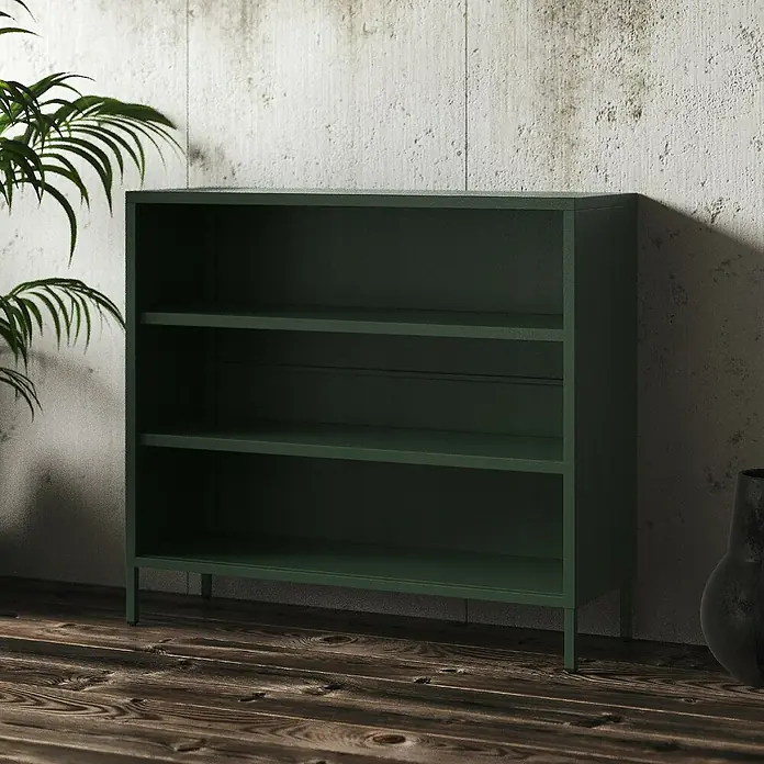 Jan Nowak Bücherregal Luca - B x T x H: 100 x 35 x 90 cm, Flaschengrün - Elegantes, grünes Regal mit drei Fächern. Das moderne Möbelstück bietet viel Stauraum und passt ideal in jedes Wohnzimmer.