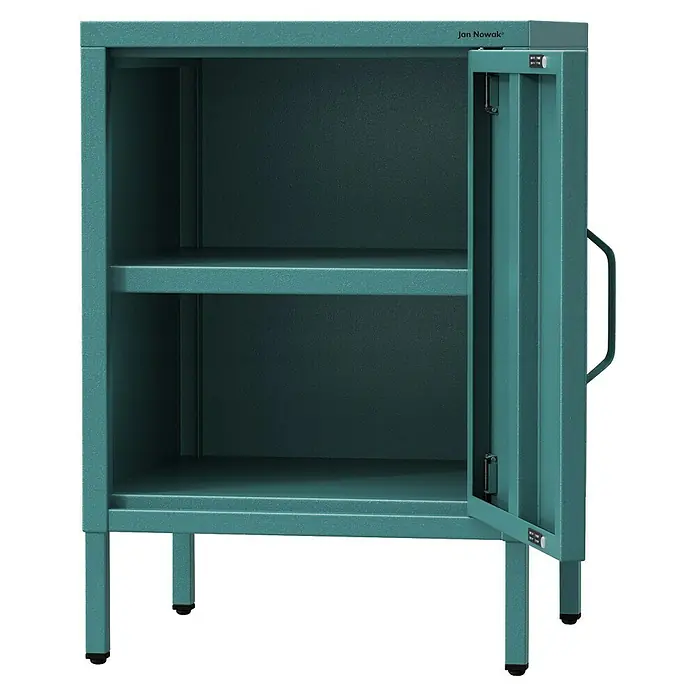 Jan Nowak Nachttisch Mia - L x B x H: 40 x 42,4 x 59,5 cm, Meeresgrün - Bild eines offenen, grünfarbenen Jan Nowak Metallschranks mit zwei Regalen, ideal für Büro oder Werkstatt zur Aufbewahrung von Gegenständen.