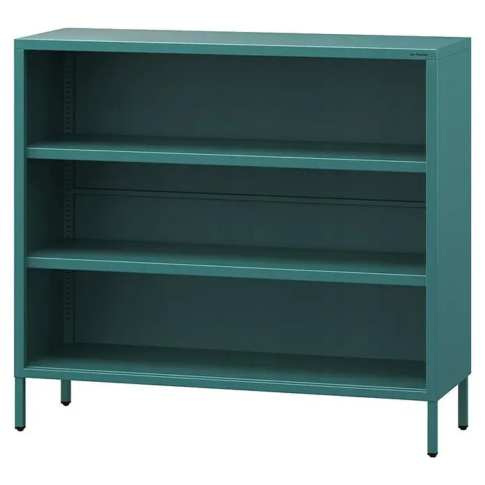 Jan Nowak Bücherregal Luca - B x T x H: 100 x 35 x 90 cm, Meeresgrün - Ein dunkelgrünes Metallregal mit drei Fächern, ideal zur Aufbewahrung von Gegenständen im Büro oder zu Hause. Robuste und langlebige Konstruktion.