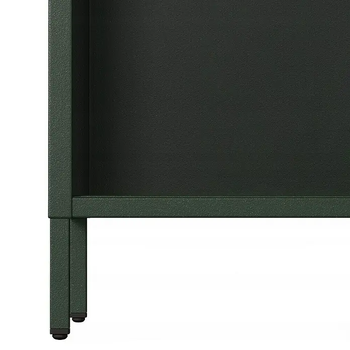 Jan Nowak Bücherregal Luca - B x T x H: 100 x 35 x 90 cm, Flaschengrün - Nahaufnahme eines modernen grünen Metallschranks, der durch sein schlichtes Design und robuste Bauweise besticht. Perfekt für Büro oder Zuhause.