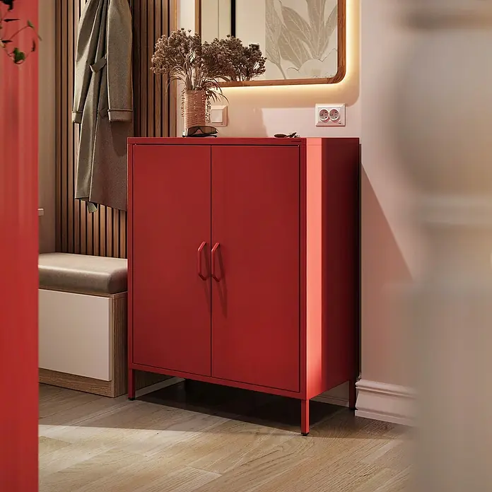 Jan Nowak Kommode Vito - B x T x H: 80 x 40 x 101,5 cm, Rot - Roter Metallschrank mit zwei Türen im Flur, ideal für die Aufbewahrung von Schuhen und Accessoires. Modernes Design für stilvolle Ordnung.