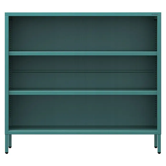 Jan Nowak Bücherregal Luca - B x T x H: 100 x 35 x 90 cm, Meeresgrün - Aufnahme eines grünen Metallregals mit drei Regalen, ideal für die Aufbewahrung und Organisation.