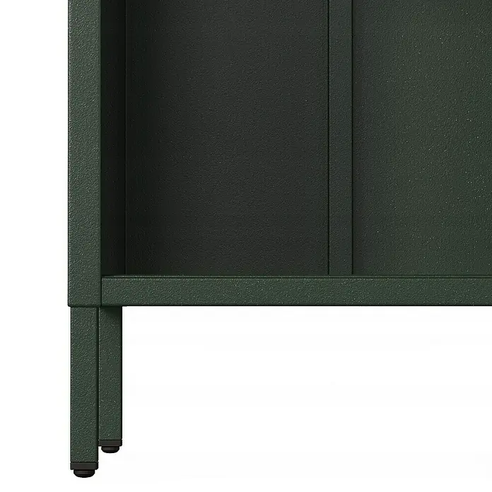 Jan Nowak Bücherregal Mario - B x T x H: 50 x 35 x 180 cm, Flaschengrün - Nahaufnahme eines olivgrünen Metallschranks, der modernes Design und robuste Bauweise vereint. Perfekt für stilvolle Aufbewahrungslösungen.
