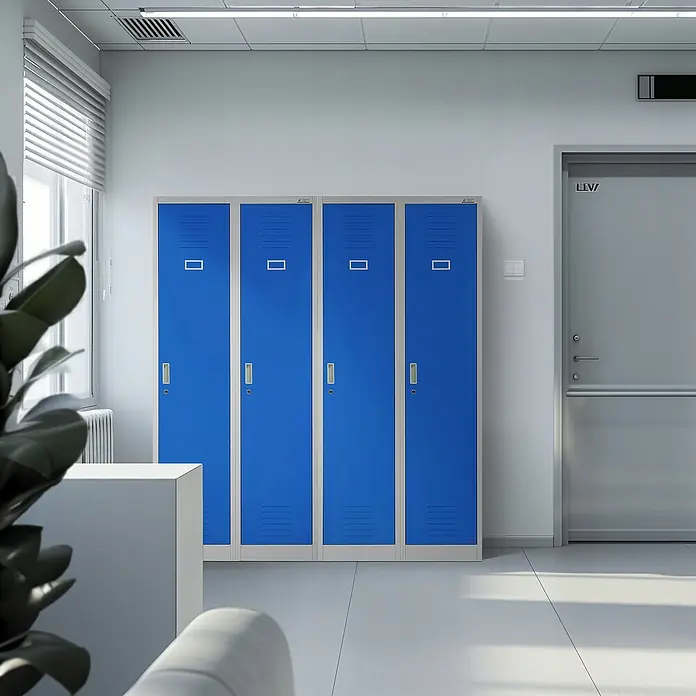 Jan Nowak Spind Kacper - H x B x T: 180 x 80 x 50 cm, Grau/Blau, Anzahl Türen: 2 Stk., Anzahl Fächer: 4 Stk. - Blaue Schränke in einem hellen Raum, ideal für Schulen oder Büros. Praktische Aufbewahrung mit schlankem Design.