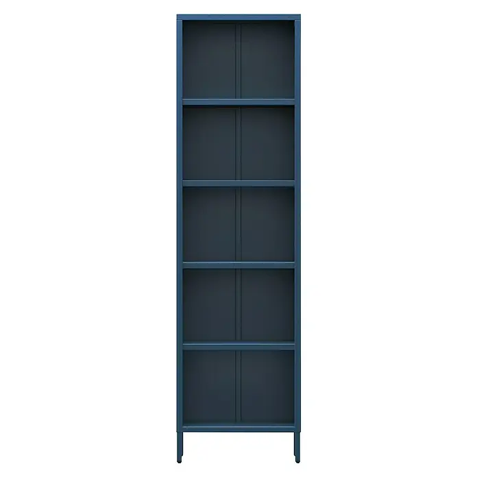Jan Nowak Bücherregal Mario - B x T x H: 50 x 35 x 180 cm, Dunkelblau - Aufnahme eines blauen Metallregals mit fünf Regalböden, ideal für Büro- oder Lagerzwecke, präsentiert auf einem dunklen Hintergrund.