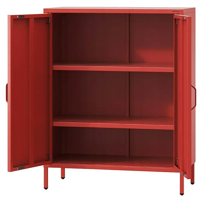 Jan Nowak Kommode Vito - B x T x H: 80 x 40 x 101,5 cm, Rot - Roter Stahlschrank mit offenen Türen und drei Regalen. Ideal für Werkstatt oder Büro zur Aufbewahrung von Gegenständen.