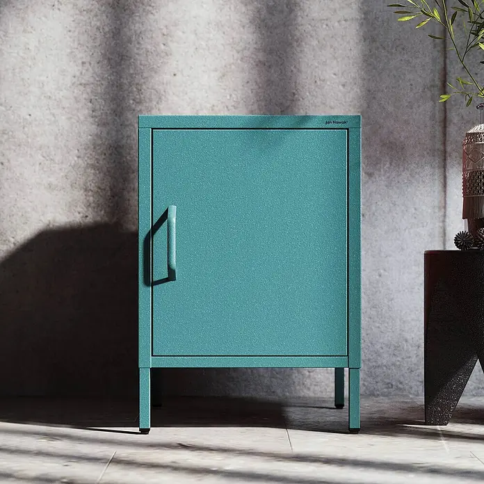 Jan Nowak Nachttisch Mia - L x B x H: 40 x 42,4 x 59,5 cm, Meeresgrün - Der blaue Jan Nowak Aktenschrank ist ein Büromöbelstück mit einer Tür und einem Griff, das für eine moderne Büroumgebung geeignet ist.