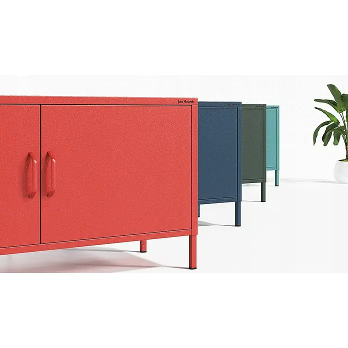 Jan Nowak TV-Schrank Rosa - H x B x T: 59,5 x 115 x 40 cm, Flaschengrün - Das Bild zeigt eine Reihe von Jan Nowak Metallschränken in verschiedenen Farben, die ein stilvolles Aufbewahrungssystem darstellen.