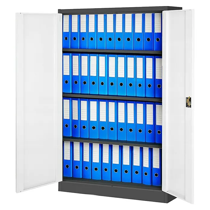 Jan Nowak Aktenschrank Kevin - B x T x H: 90 x 40 x 140 cm, Anthrazit/Weiß - Ein grauer Aktenschrank mit offenen Türen, voll mit blauen Aktenordnern. Ideal für Büroorganisation.