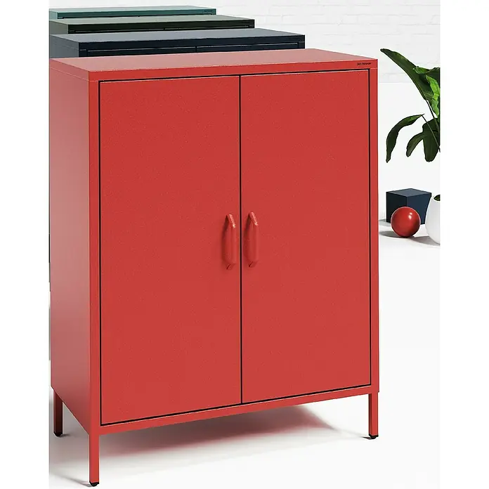 Jan Nowak Kommode Vito - B x T x H: 80 x 40 x 101,5 cm, Dunkelblau - Roter Metallschrank mit zwei Türen und Griffen, ideal für Büro oder Zuhause. Praktische Aufbewahrungslösung.