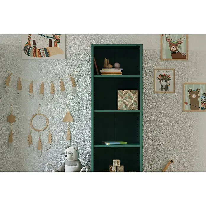 Jan Nowak Bücherregal Mario - B x T x H: 50 x 35 x 180 cm, Meeresgrün - Kinderzimmerregal in Waldgrün mit Deko-Elementen wie Bücher, Spielzeug und Bilderrahmen. Ideal zur Aufbewahrung und Präsentation von Kindersachen.