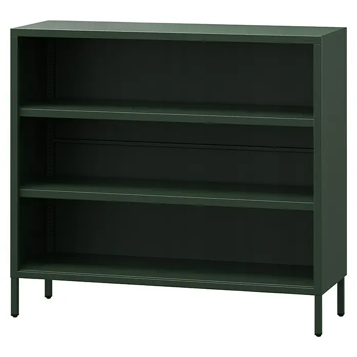 Jan Nowak Bücherregal Luca - B x T x H: 100 x 35 x 90 cm, Flaschengrün - Abbildung eines dunkelgrünen, robusten Metallregals mit drei Ablageflächen, ideal für Büro oder Werkstatt.