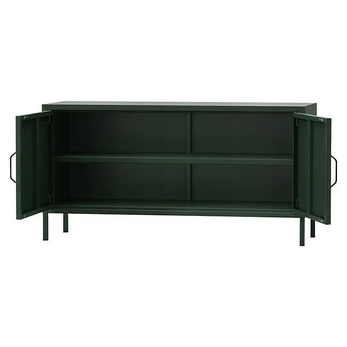 Jan Nowak TV-Schrank Rosa - H x B x T: 59,5 x 115 x 40 cm, Flaschengrün - Ein offener, dunkelgrüner Metallschrank mit zwei Regalen, ideal zur Aufbewahrung von Büroartikeln oder Werkzeugen. Die Türen sind voll geöffnet.
