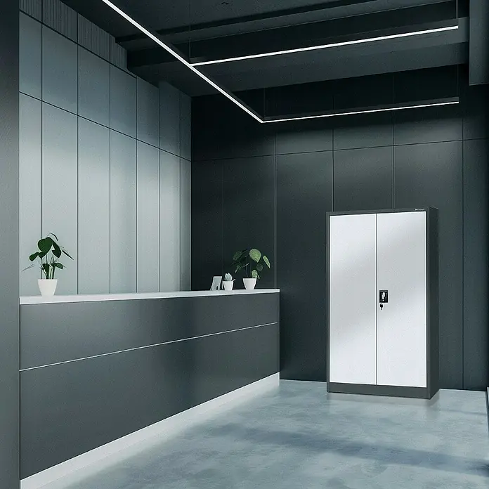 Jan Nowak Aktenschrank Kevin - B x T x H: 90 x 40 x 140 cm, Anthrazit/Weiß - Ein elegantes Foto zeigt einen modernen Metallschrank mit zwei Türen in einem stilvollen, minimalistischen Raum.