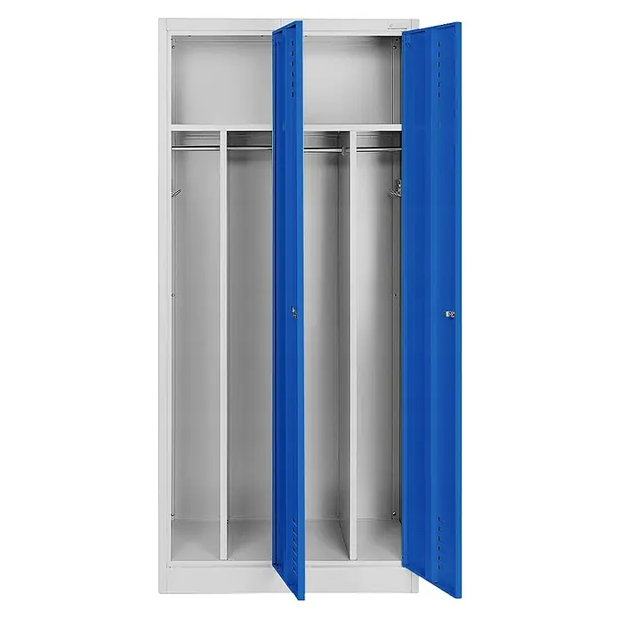 Jan Nowak Spind Kacper - H x B x T: 180 x 80 x 50 cm, Grau/Blau, Anzahl Türen: 2 Stk., Anzahl Fächer: 4 Stk. - Offener Metall-Spind mit blauen Türen und Ablagefächern. Ideal für Schulen, Umkleideräume und Lagerung von persönlichen Gegenständen.