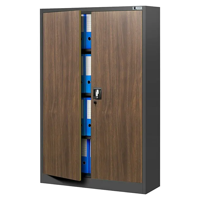 Jan Nowak Aktenschrank Kevin - B x T x H: 90 x 40 x 140 cm, Anthrazit/Nussbaum - Aktenschrank mit Holztüren und blauen Ordnern. Ideal für Büro und Homeoffice zur übersichtlichen Aufbewahrung von Dokumenten.