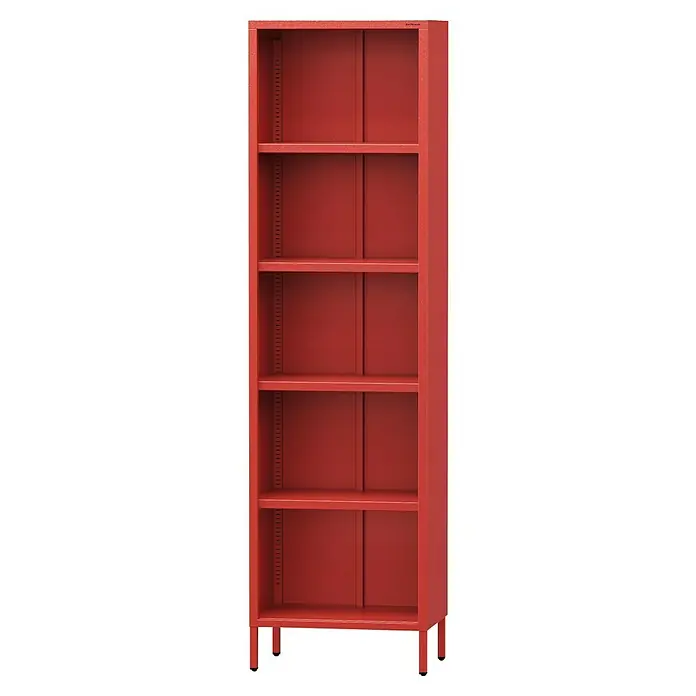 Jan Nowak Bücherregal Mario - B x T x H: 50 x 35 x 180 cm, Rot - Ein rotes Metallregal mit fünf Fächern, ideal zur Aufbewahrung von Büchern und anderen Gegenständen. Robuste Konstruktion für den täglichen Gebrauch.