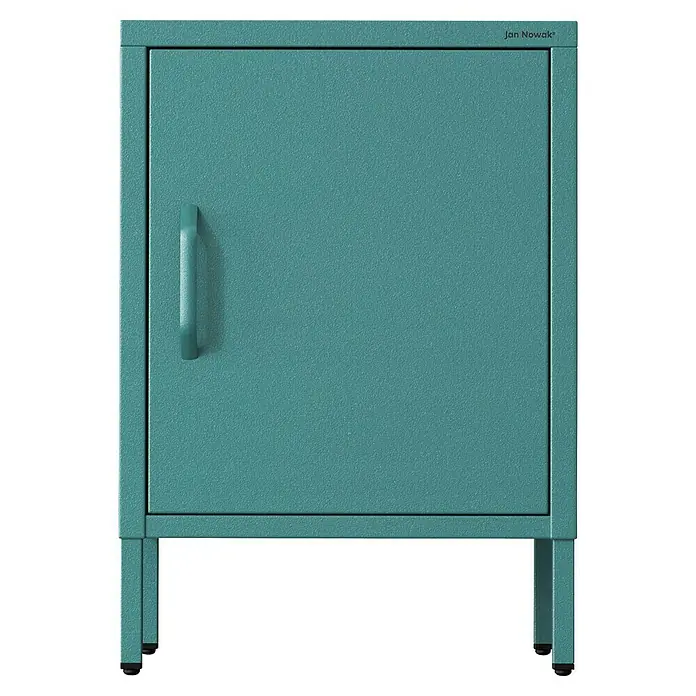 Jan Nowak Nachttisch Mia - L x B x H: 40 x 42,4 x 59,5 cm, Meeresgrün - Abbildung eines Jan Nowak Metallschranks in türkis, ideal für Büro oder Werkstatt, mit robustem Griff und schlichtem Design für viel Stauraum.