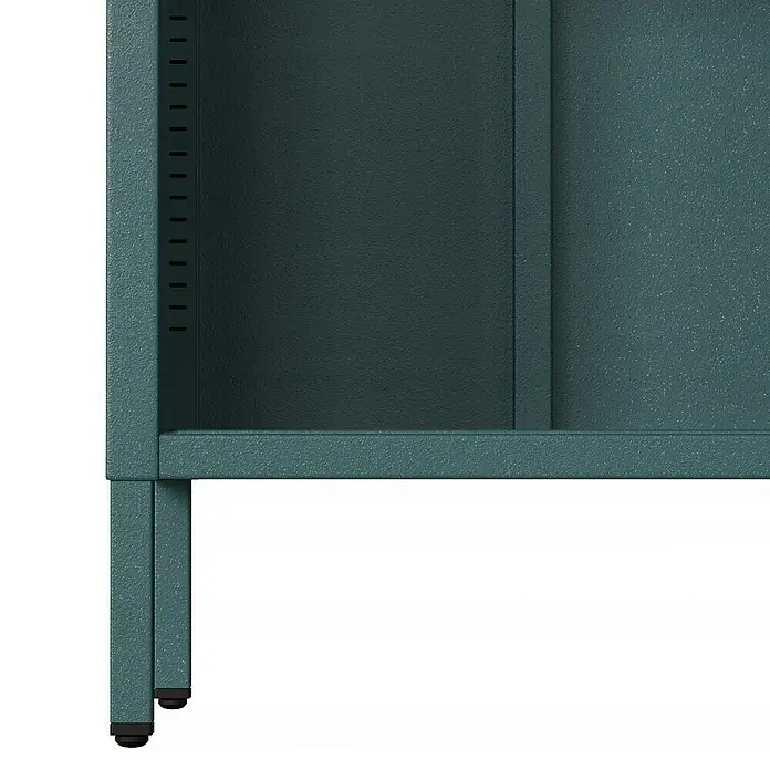 Jan Nowak Bücherregal Mario - B x T x H: 50 x 35 x 180 cm, Meeresgrün - Detailaufnahme eines robusten, dunkelgrünen Metallschranks mit Lochmuster an der Seite. Ideal für Werkstatt oder Büro.