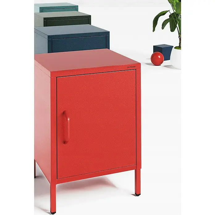 Jan Nowak Nachttisch Mia - L x B x H: 40 x 42,4 x 59,5 cm, Rot - Roter Metallschrank mit Tür und Griff, minimalistisches Design. Ideal zur Aufbewahrung im Büro oder Zuhause, stabil und modern.