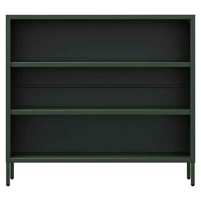 Jan Nowak Bücherregal Luca - B x T x H: 100 x 35 x 90 cm, Flaschengrün - Diese Aufnahme zeigt ein dunkelgrünes Metallregal mit drei Regalböden, ideal für Büro oder Lager. Seine robuste Konstruktion garantiert Langlebigkeit.