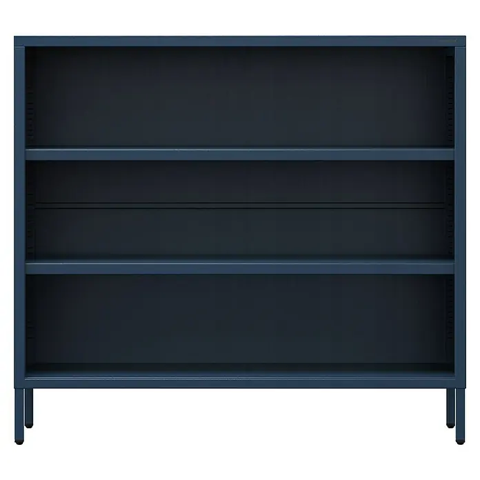 Jan Nowak Bücherregal Luca - B x T x H: 100 x 35 x 90 cm, Dunkelblau - Leeres blaues Metallregal mit drei Regalen vor schwarzem Hintergrund.