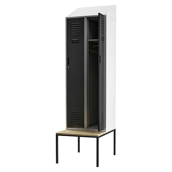 Jan Nowak Spind Kacper II Pro - H x B x T: 229,5 x 60 x 85 cm, Anzahl Türen: 2 Stk. - Schwarzer Spind mit einem offenen Fach zur Präsentation der Innenausstattung und einer Sitzbank unten für Komfort.
