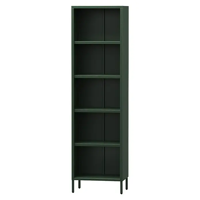 Jan Nowak Bücherregal Mario - B x T x H: 50 x 35 x 180 cm, Flaschengrün - Aufnahme eines grünen Metallschranks mit fünf Regalen, ideal für Büro oder Werkstatt, der Stauraum und Ordnung bietet.