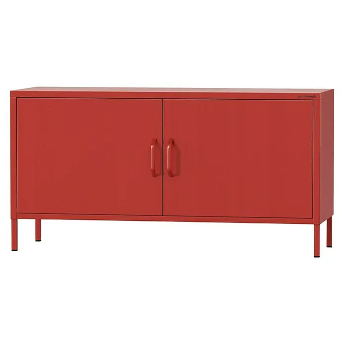 Jan Nowak TV-Schrank Rosa - H x B x T: 59,5 x 115 x 40 cm, Rot - Ein roter Metallschrank von Jan Nowak mit zwei Türen und Griffen steht vor einem schwarzen Hintergrund. Stilvolles Design für Büro und Zuhause.