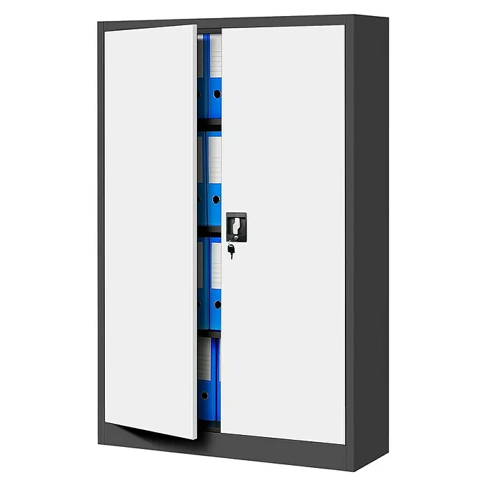 Jan Nowak Aktenschrank Kevin - B x T x H: 90 x 40 x 140 cm, Anthrazit/Weiß - Ein grauer Aktenschrank mit einer teilweise geöffneten Tür, die blaue Aktenordner im Inneren zeigt.
