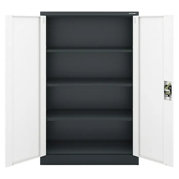 Jan Nowak Aktenschrank Kevin - B x T x H: 90 x 40 x 140 cm, Anthrazit/Weiß - Ein offener, leerer grauer Metallschrank mit vier Regalen und zwei weißen Türen. Ideal für Büro und Lagerung.