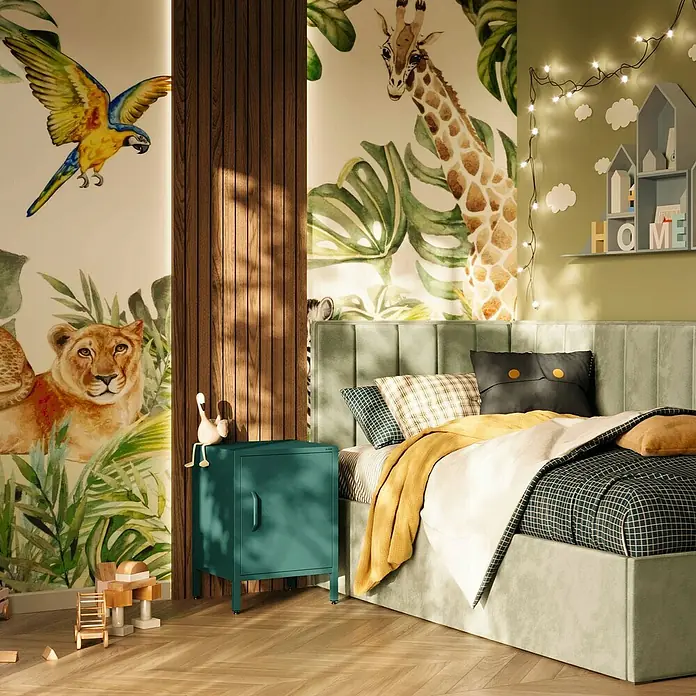 Jan Nowak Nachttisch Mia - L x B x H: 40 x 42,4 x 59,5 cm, Meeresgrün - Kinderzimmer mit Dschungeltapete, grünem Nachttisch und gemütlichem Bett mit karierter Bettwäsche. Ideal für fantasievolle Kinder.