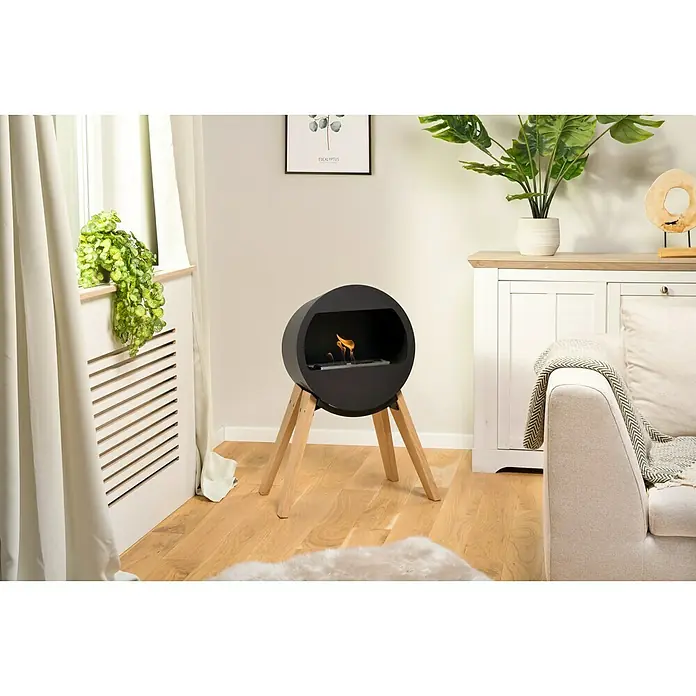 Aduro Bioethanol-Kamin B2 - 46 x 63 x 70 cm, Schwarz - Elegantes, kugelförmiges Kaminfeuer mit Holzbeinen. Dekorative Zimmergestaltung mit warmer, einladender Atmosphäre durch das moderne Design.