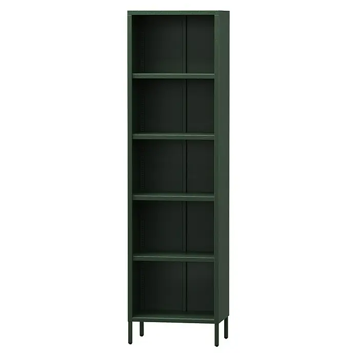 Jan Nowak Bücherregal Mario - B x T x H: 50 x 35 x 180 cm, Flaschengrün - Abbildung eines grünen Metallregals mit vier Regalböden und einer stabilen Konstruktion, ideal für Büro oder Lager.