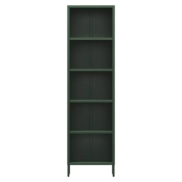 Jan Nowak Bücherregal Mario - B x T x H: 50 x 35 x 180 cm, Flaschengrün - Aufnahme eines grünen Metallschranks mit mehreren Regalen. Ideal für Büro oder Lagerung, robust und funktionell im Design.