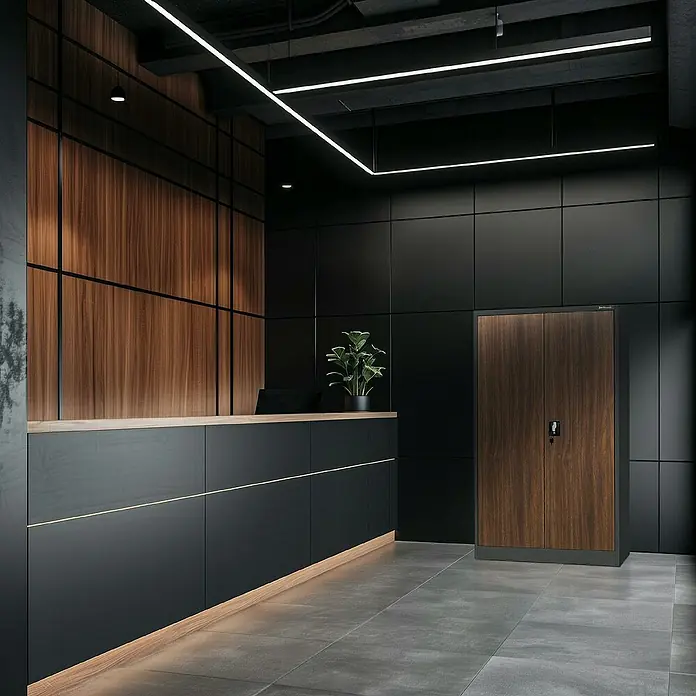 Jan Nowak Aktenschrank Kevin - B x T x H: 90 x 40 x 140 cm, Anthrazit/Nussbaum - Aufnahme eines stilvollen Büros mit einem braunen Aktenschrank und einem modernen Empfangstresen.