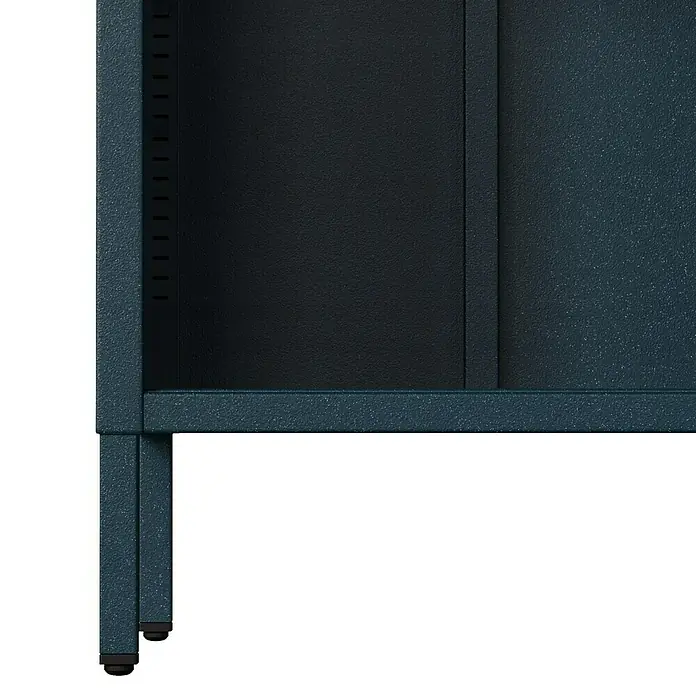 Jan Nowak Bücherregal Mario - B x T x H: 50 x 35 x 180 cm, Dunkelblau - Detailansicht eines blauen Metallschranks mit perforierter Seitenwand und Füßen.